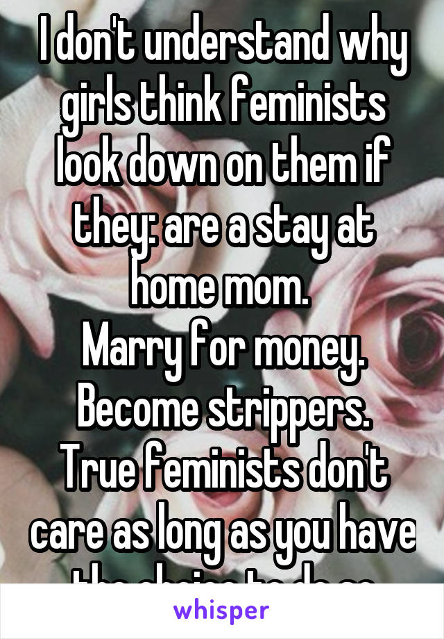 I don't understand why girls think feminists look down on them if they: are a stay at home mom. 
Marry for money.
Become strippers.
True feminists don't care as long as you have the choice to do so