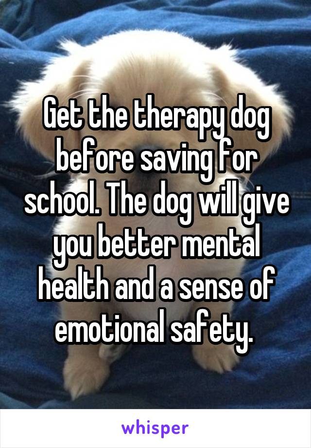 Get the therapy dog before saving for school. The dog will give you better mental health and a sense of emotional safety. 