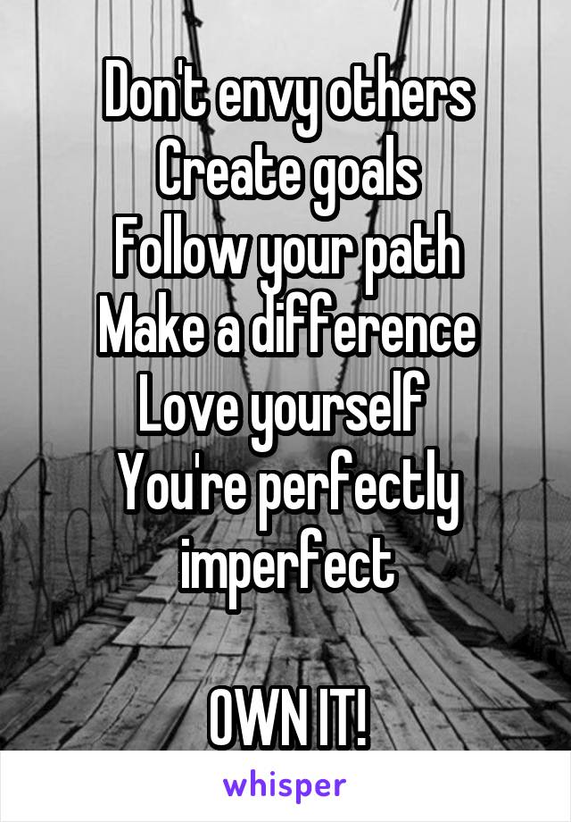 Don't envy others
Create goals
Follow your path
Make a difference
Love yourself 
You're perfectly imperfect

OWN IT!