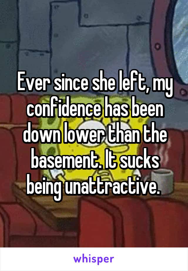 Ever since she left, my confidence has been down lower than the basement. It sucks being unattractive. 