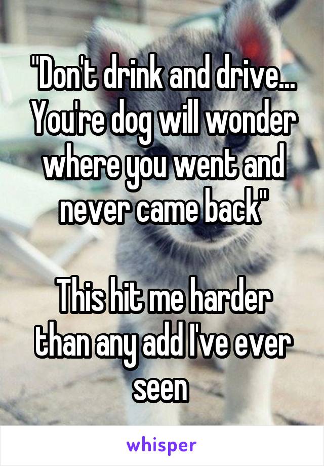 "Don't drink and drive...
You're dog will wonder where you went and never came back"

This hit me harder than any add I've ever seen 