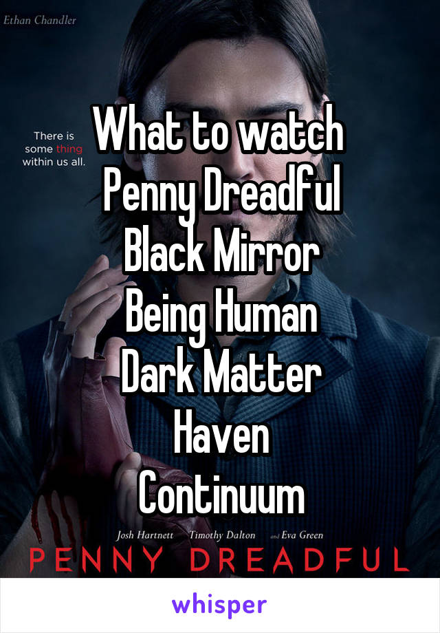 What to watch 
Penny Dreadful
Black Mirror
Being Human
Dark Matter
Haven
Continuum