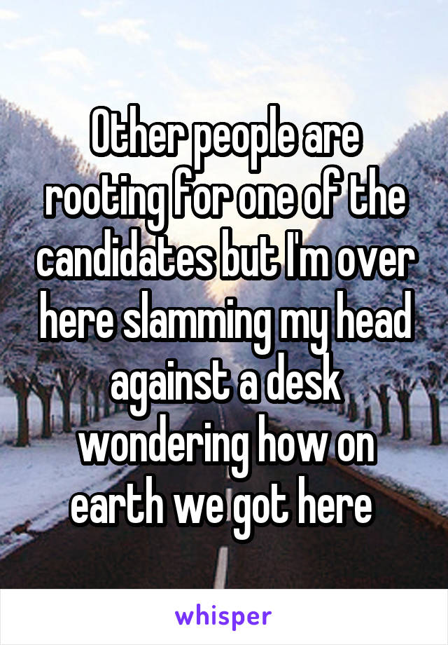 Other people are rooting for one of the candidates but I'm over here slamming my head against a desk wondering how on earth we got here 