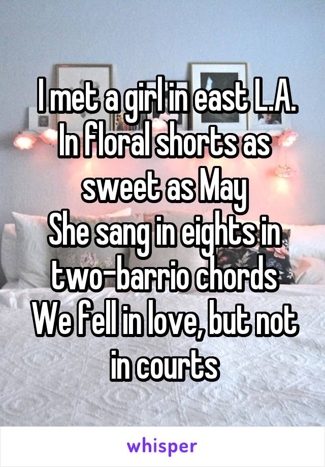  I met a girl in east L.A.
In floral shorts as sweet as May
She sang in eights in two-barrio chords
We fell in love, but not in courts