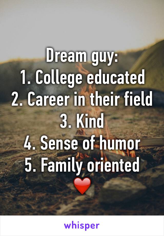 Dream guy: 
1. College educated 
2. Career in their field 
3. Kind
4. Sense of humor
5. Family oriented 
❤️