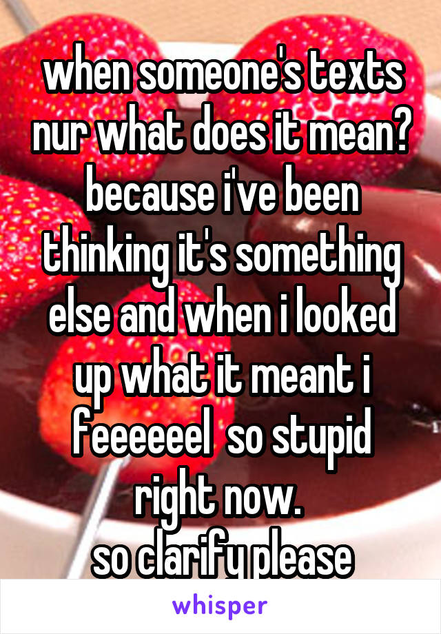 when someone's texts nur what does it mean? because i've been thinking it's something else and when i looked up what it meant i feeeeeel  so stupid right now. 
so clarify please