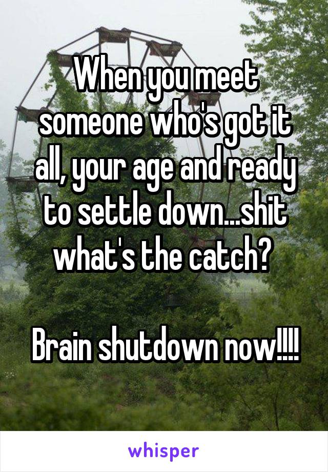 When you meet someone who's got it all, your age and ready to settle down...shit what's the catch? 

Brain shutdown now!!!!
