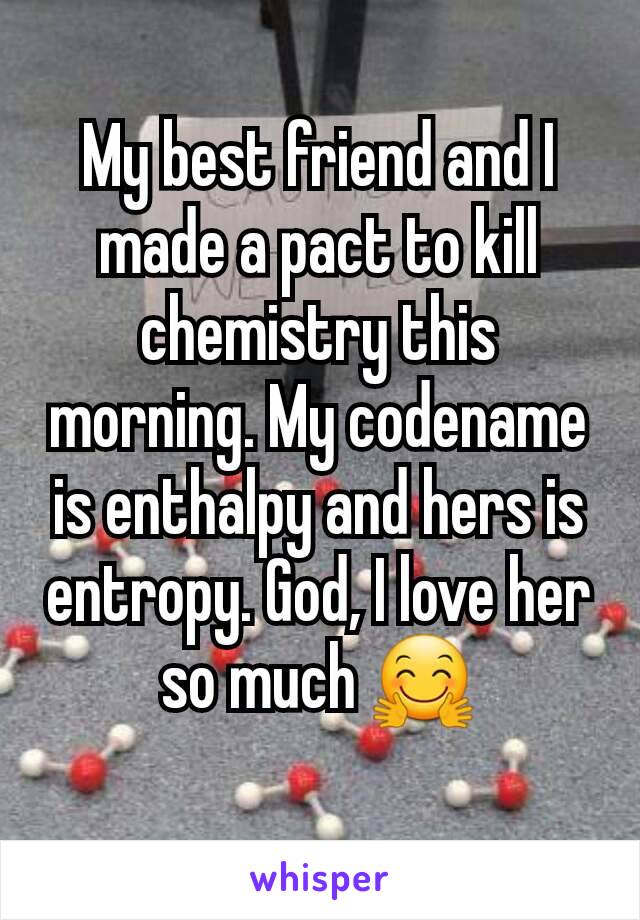 My best friend and I made a pact to kill chemistry this morning. My codename is enthalpy and hers is entropy. God, I love her so much 🤗