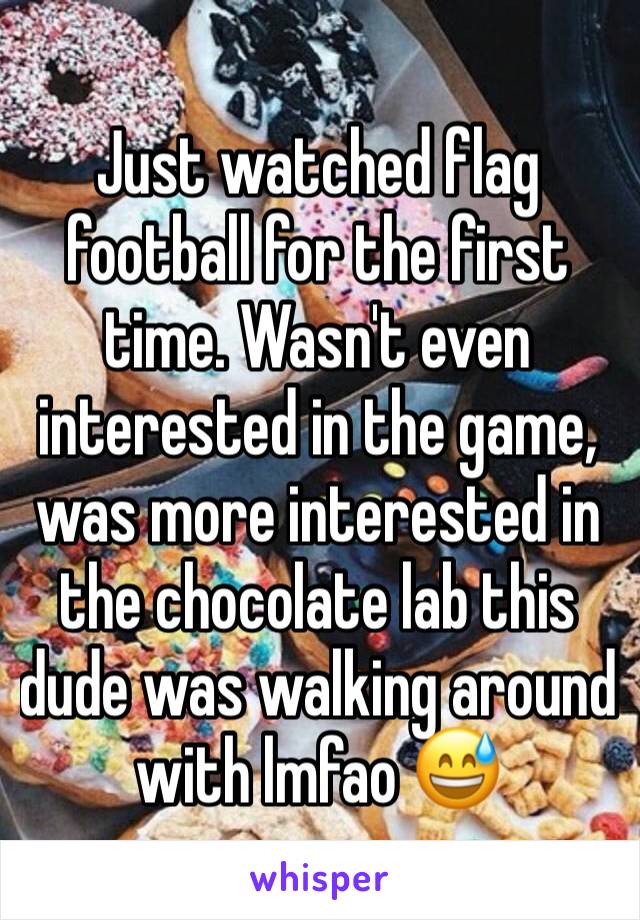 Just watched flag football for the first time. Wasn't even interested in the game, was more interested in the chocolate lab this dude was walking around with lmfao 😅