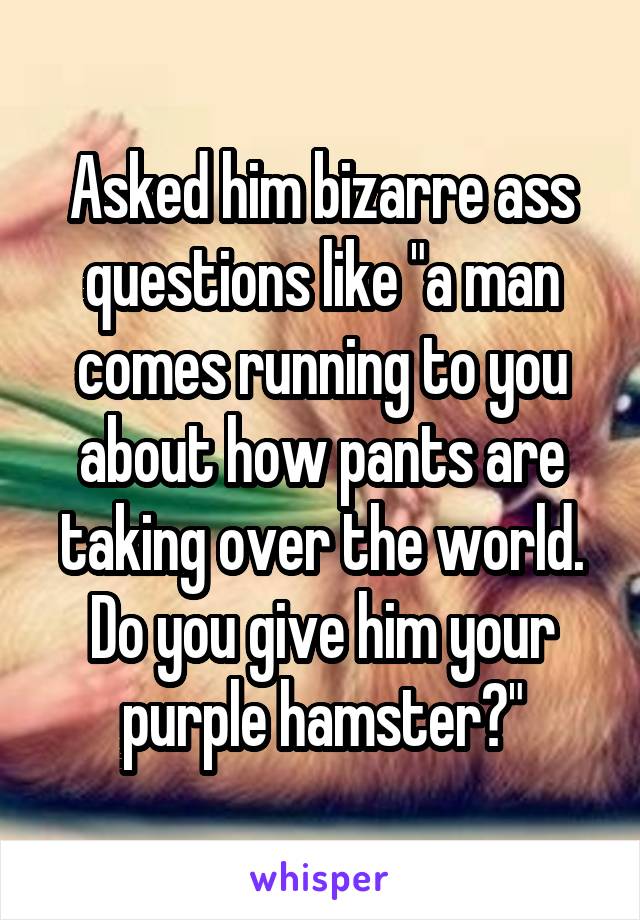 Asked him bizarre ass questions like "a man comes running to you about how pants are taking over the world. Do you give him your purple hamster?"