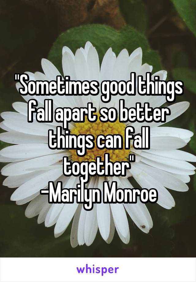 "Sometimes good things fall apart so better things can fall together"
-Marilyn Monroe