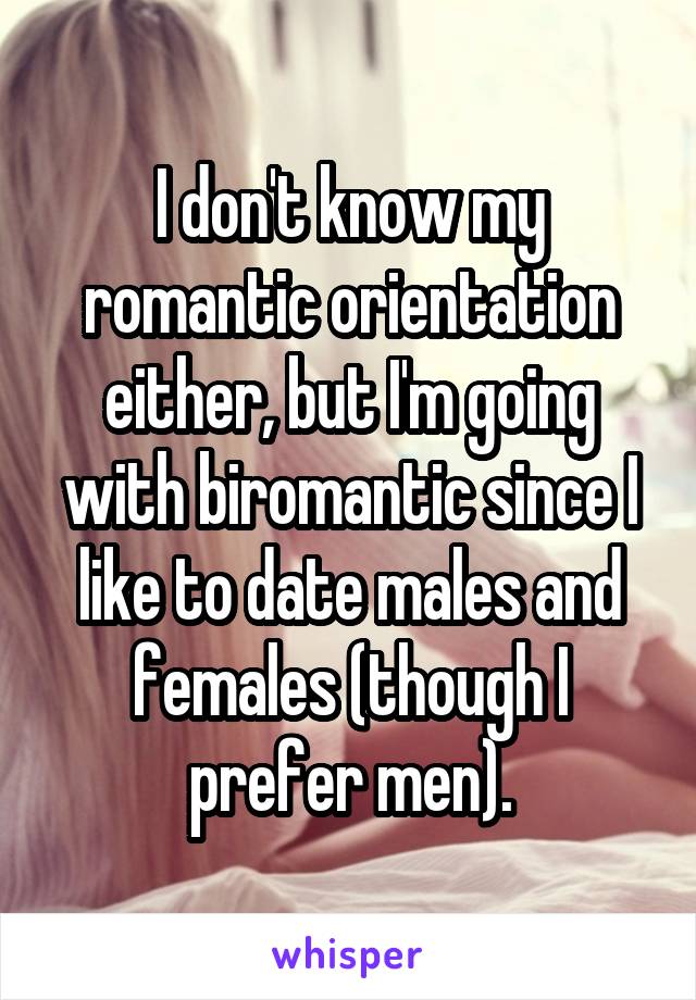 I don't know my romantic orientation either, but I'm going with biromantic since I like to date males and females (though I prefer men).