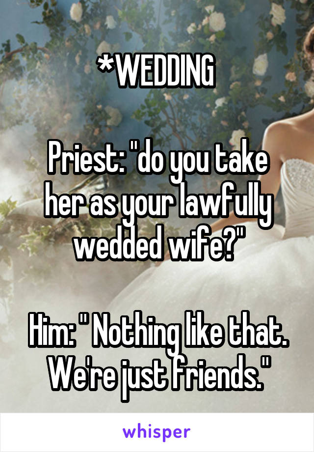 *WEDDING 

Priest: "do you take her as your lawfully wedded wife?"

Him: " Nothing like that. We're just friends."