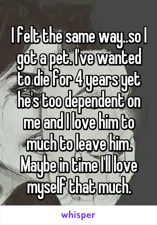 I felt the same way..so I got a pet. I've wanted to die for 4 years yet he's too dependent on me and I love him to much to leave him. Maybe in time I'll love myself that much.