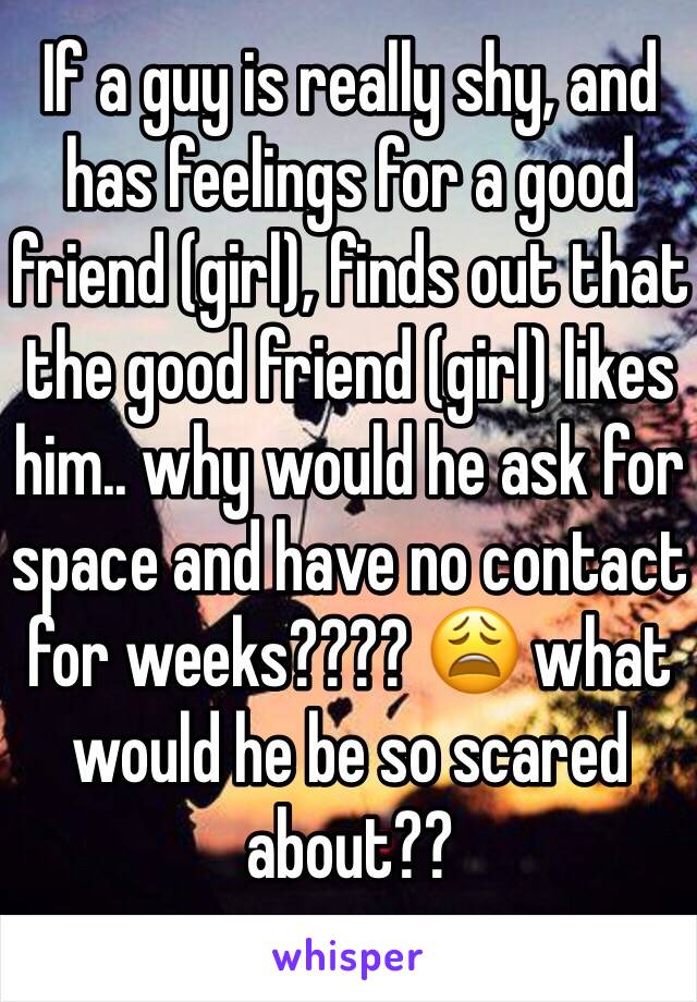 If a guy is really shy, and has feelings for a good friend (girl), finds out that the good friend (girl) likes him.. why would he ask for space and have no contact for weeks???? 😩 what would he be so scared about?? 