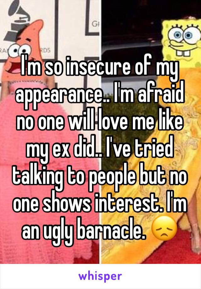 I'm so insecure of my appearance.. I'm afraid no one will love me like my ex did.. I've tried talking to people but no one shows interest. I'm an ugly barnacle. 😞