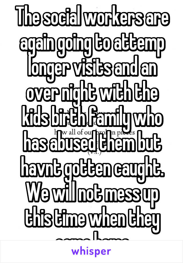 The social workers are again going to attemp longer visits and an over night with the kids birth family who has abused them but havnt gotten caught. We will not mess up this time when they come home