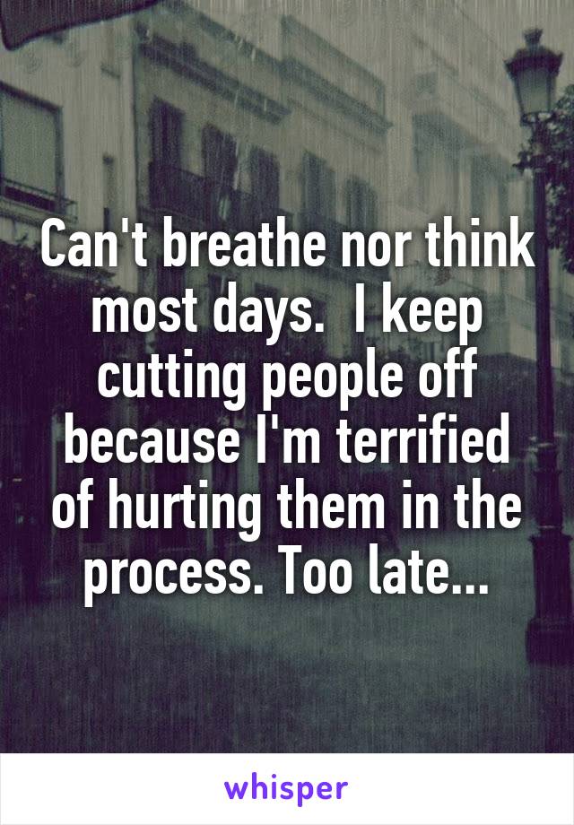 Can't breathe nor think most days.  I keep cutting people off because I'm terrified of hurting them in the process. Too late...