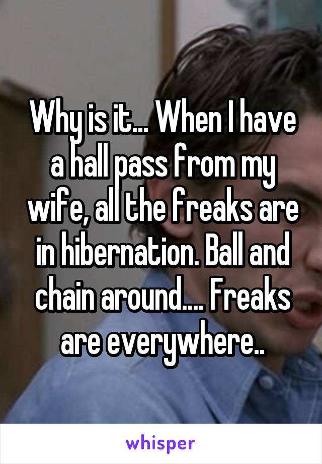 Why is it... When I have a hall pass from my wife, all the freaks are in hibernation. Ball and chain around.... Freaks are everywhere..