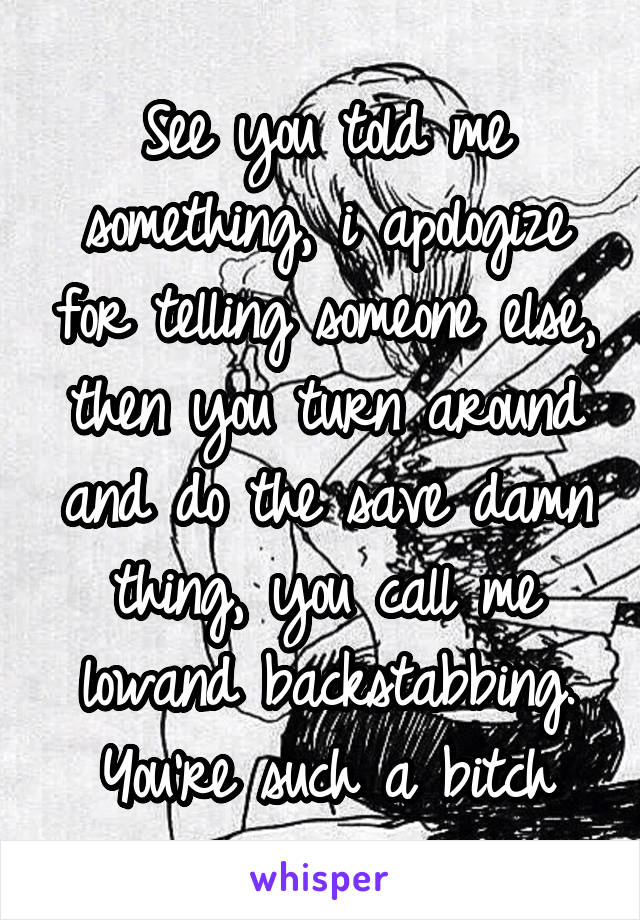See you told me something, i apologize for telling someone else, then you turn around and do the save damn thing, you call me lowand backstabbing. You're such a bitch