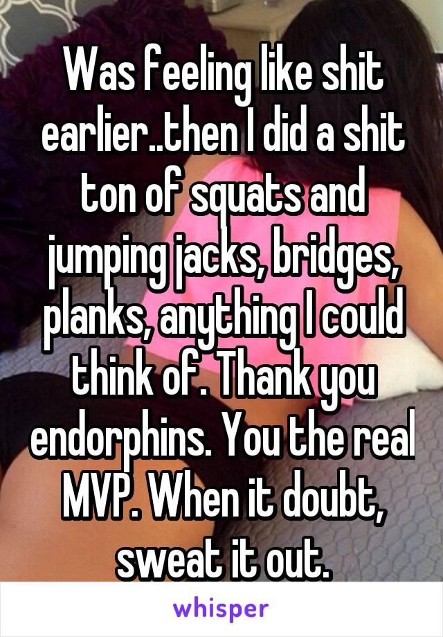 Was feeling like shit earlier..then I did a shit ton of squats and jumping jacks, bridges, planks, anything I could think of. Thank you endorphins. You the real MVP. When it doubt, sweat it out.