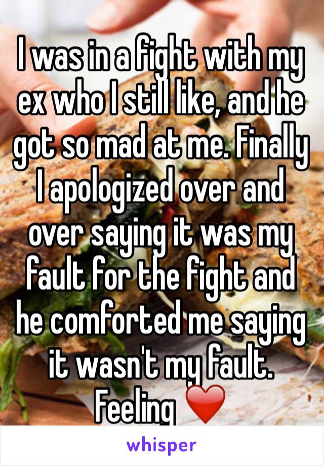 I was in a fight with my ex who I still like, and he got so mad at me. Finally I apologized over and over saying it was my fault for the fight and he comforted me saying it wasn't my fault. Feeling ❤️