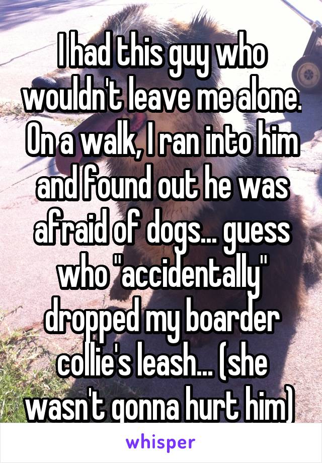 I had this guy who wouldn't leave me alone. On a walk, I ran into him and found out he was afraid of dogs... guess who "accidentally" dropped my boarder collie's leash... (she wasn't gonna hurt him) 
