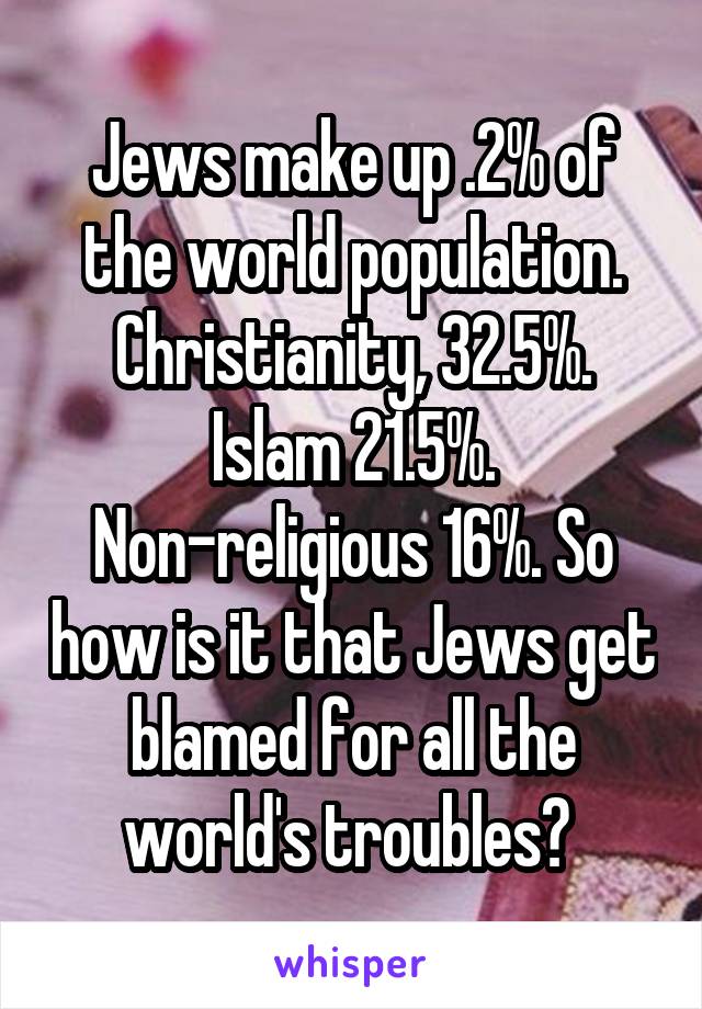 Jews make up .2% of the world population. Christianity, 32.5%. Islam 21.5%. Non-religious 16%. So how is it that Jews get blamed for all the world's troubles? 