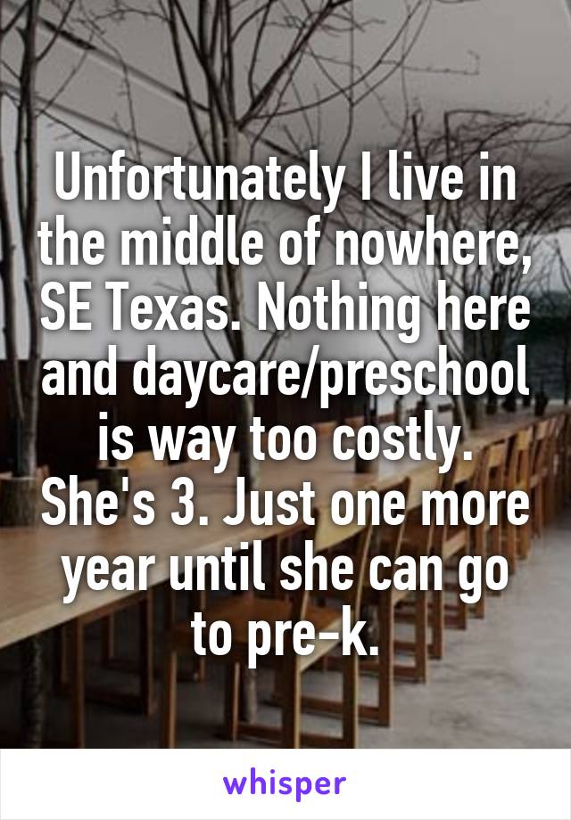 Unfortunately I live in the middle of nowhere, SE Texas. Nothing here and daycare/preschool is way too costly. She's 3. Just one more year until she can go to pre-k.