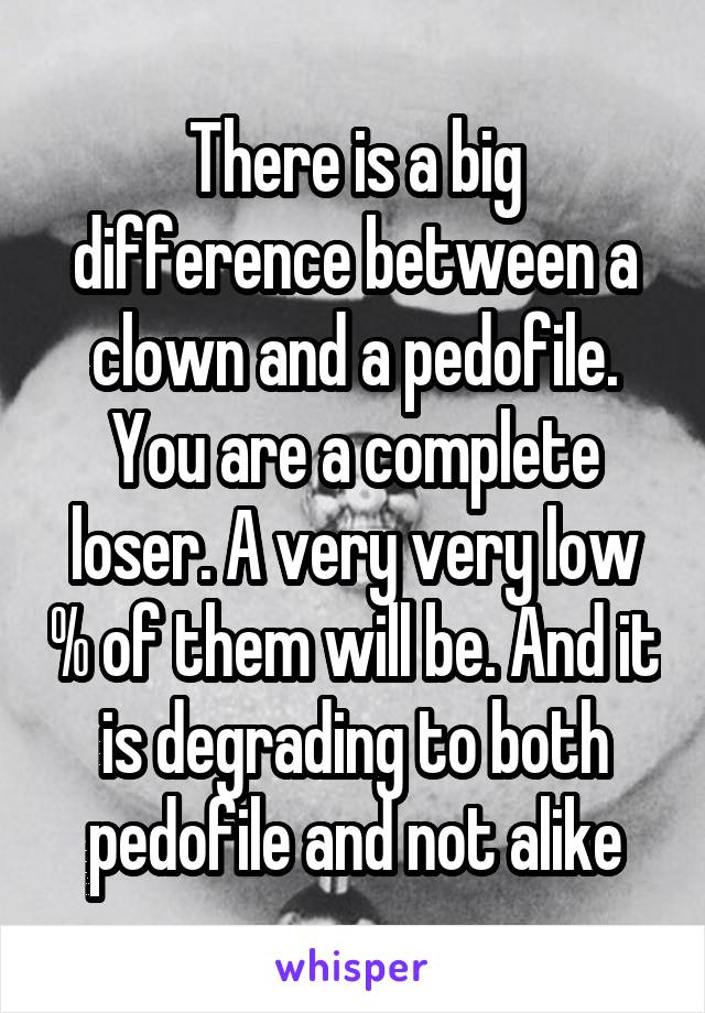 There is a big difference between a clown and a pedofile. You are a complete loser. A very very low % of them will be. And it is degrading to both pedofile and not alike