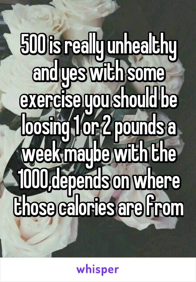 500 is really unhealthy and yes with some exercise you should be loosing 1 or 2 pounds a week maybe with the 1000,depends on where those calories are from 