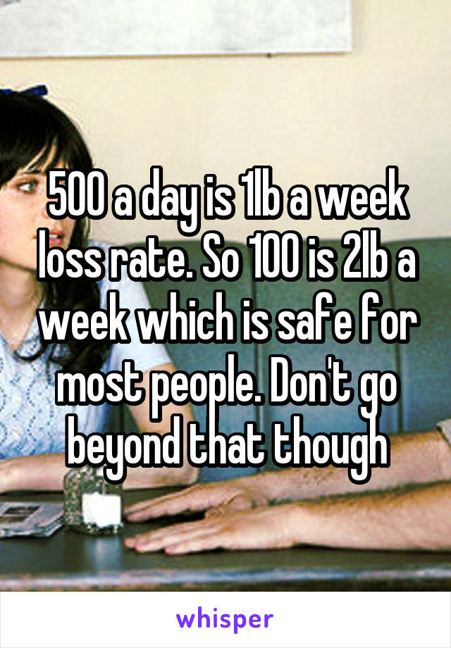 500 a day is 1lb a week loss rate. So 100 is 2lb a week which is safe for most people. Don't go beyond that though