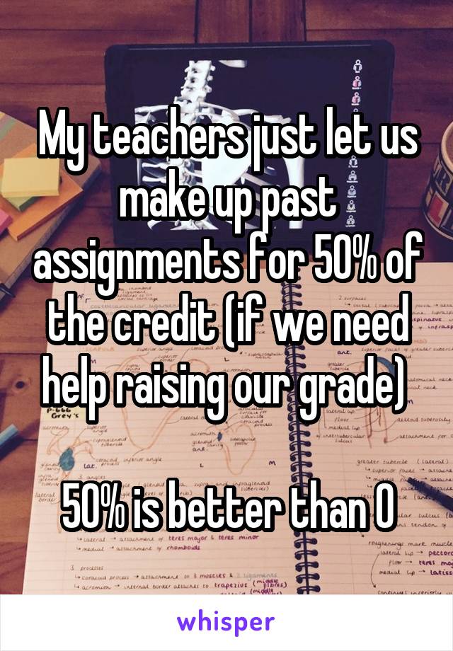 My teachers just let us make up past assignments for 50% of the credit (if we need help raising our grade) 

50% is better than 0