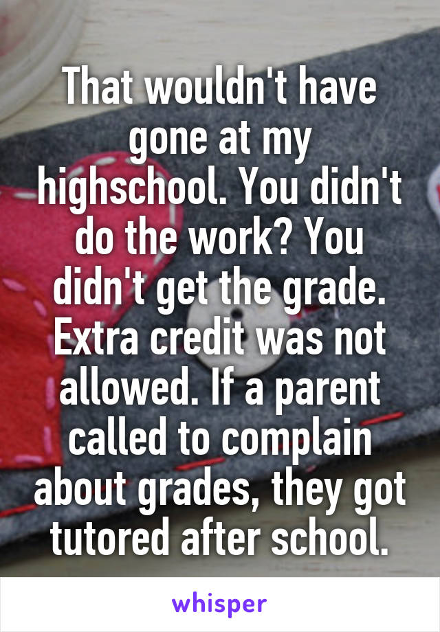 That wouldn't have gone at my highschool. You didn't do the work? You didn't get the grade. Extra credit was not allowed. If a parent called to complain about grades, they got tutored after school.