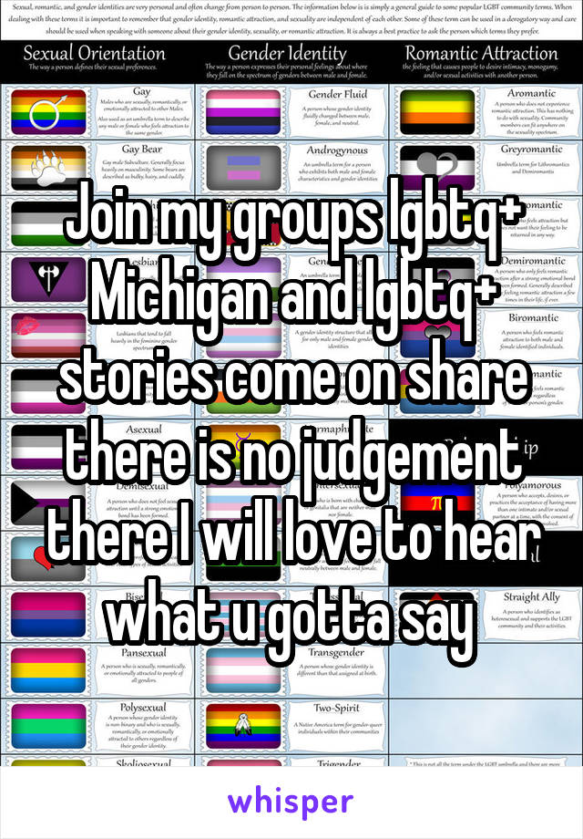 Join my groups lgbtq+ Michigan and lgbtq+ stories come on share there is no judgement there I will love to hear what u gotta say 