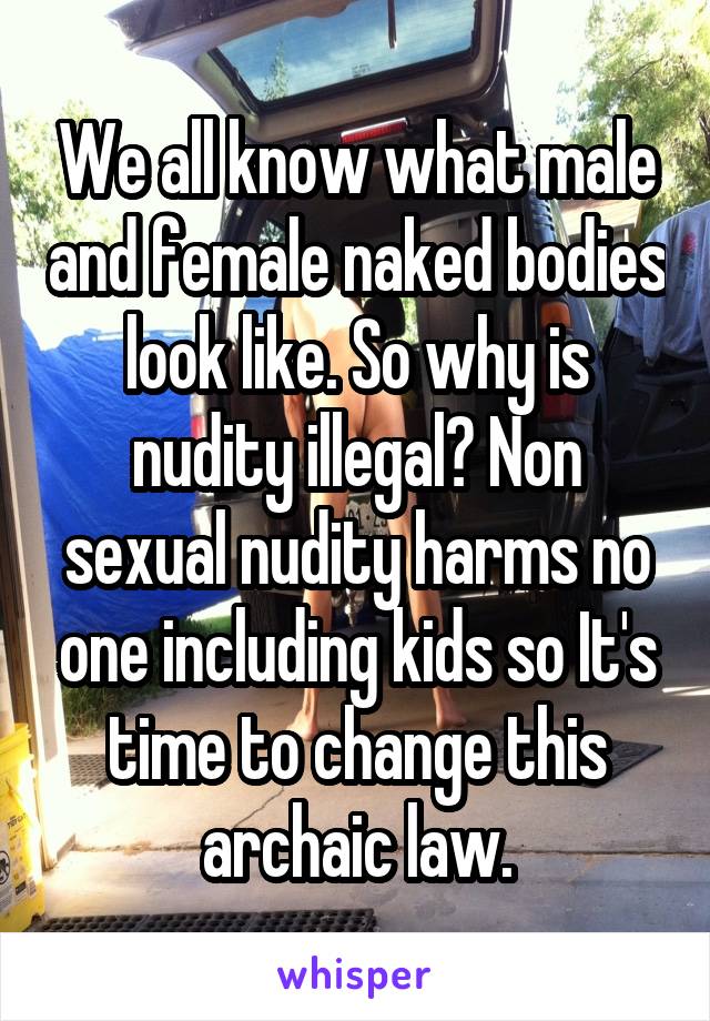 We all know what male and female naked bodies look like. So why is nudity illegal? Non sexual nudity harms no one including kids so It's time to change this archaic law.