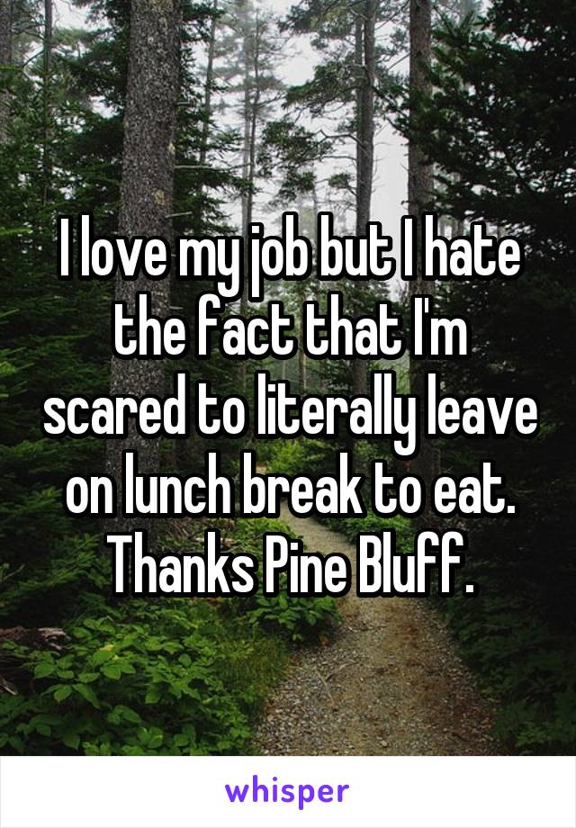 I love my job but I hate the fact that I'm scared to literally leave on lunch break to eat. Thanks Pine Bluff.