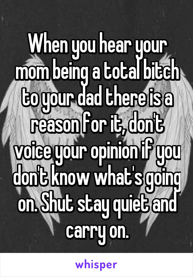 When you hear your mom being a total bitch to your dad there is a reason for it, don't voice your opinion if you don't know what's going on. Shut stay quiet and carry on.