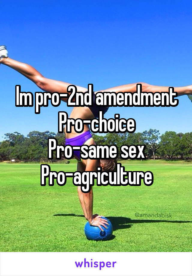 Im pro-2nd amendment
Pro-choice
Pro-same sex
Pro-agriculture