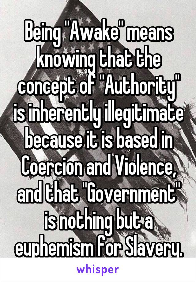 Being "Awake" means knowing that the concept of "Authority" is inherently illegitimate because it is based in Coercion and Violence, and that "Government" is nothing but a euphemism for Slavery.