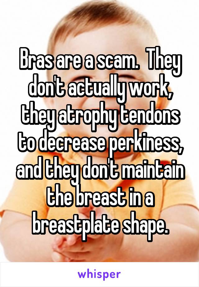 Bras are a scam.  They don't actually work, they atrophy tendons to decrease perkiness, and they don't maintain the breast in a breastplate shape.