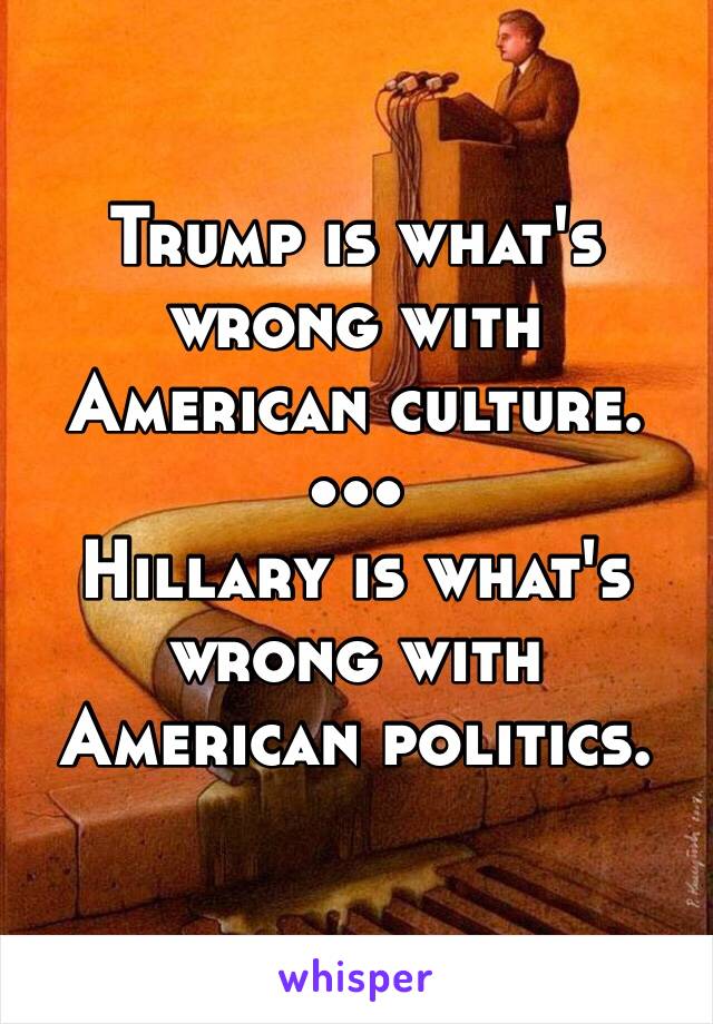 Trump is what's wrong with American culture.
•••
Hillary is what's wrong with American politics.
