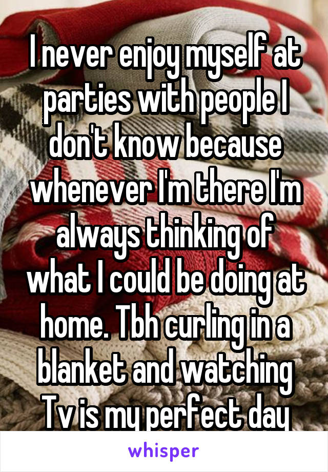 I never enjoy myself at parties with people I don't know because whenever I'm there I'm always thinking of what I could be doing at home. Tbh curling in a blanket and watching Tv is my perfect day