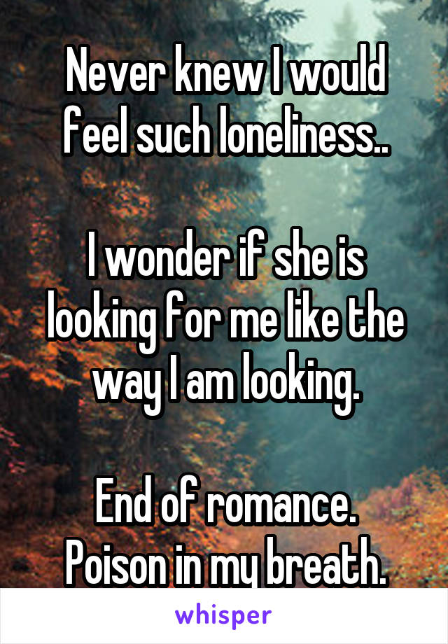 Never knew I would feel such loneliness..

I wonder if she is looking for me like the way I am looking.

End of romance.
Poison in my breath.