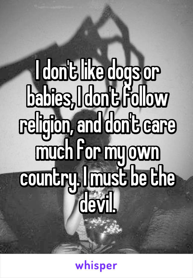 I don't like dogs or babies, I don't follow religion, and don't care much for my own country. I must be the devil.