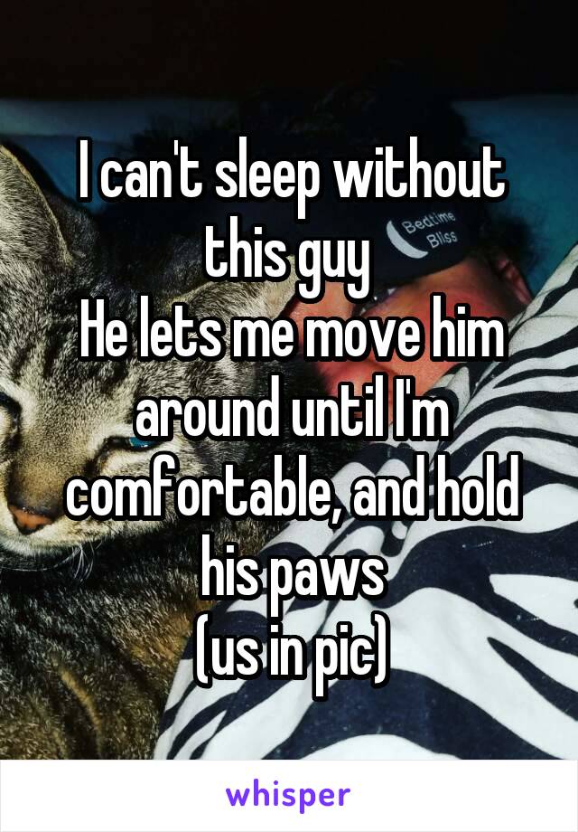 I can't sleep without this guy 
He lets me move him around until I'm comfortable, and hold his paws
(us in pic)