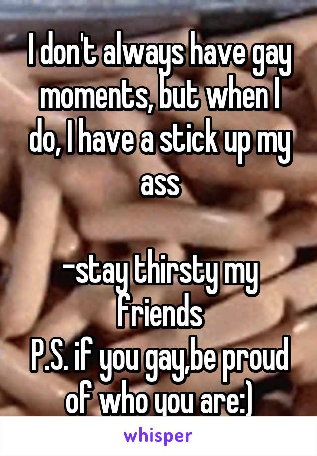 I don't always have gay moments, but when I do, I have a stick up my ass

-stay thirsty my friends
P.S. if you gay,be proud of who you are:)