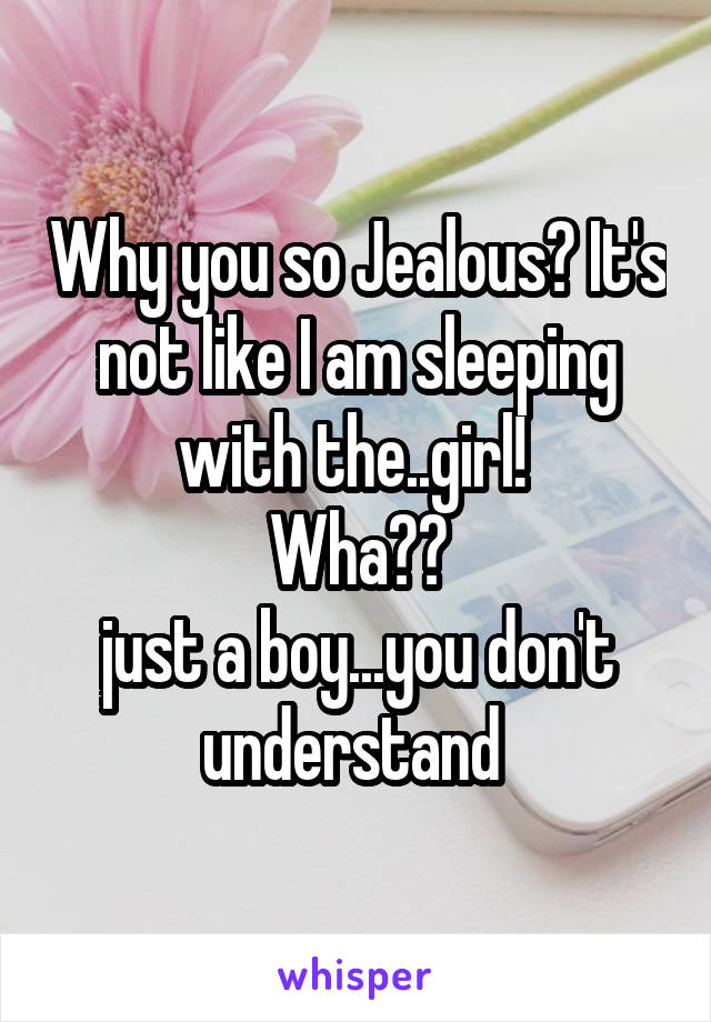 Why you so Jealous? It's not like I am sleeping with the..girl! 
Wha??
just a boy...you don't understand 