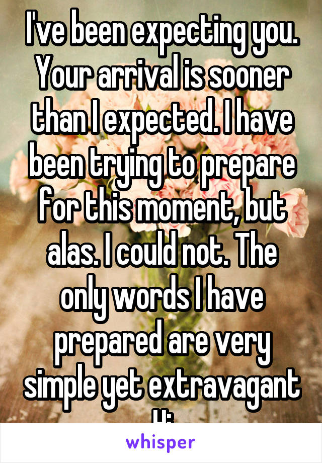 I've been expecting you.
Your arrival is sooner than I expected. I have been trying to prepare for this moment, but alas. I could not. The only words I have prepared are very simple yet extravagant
Hi