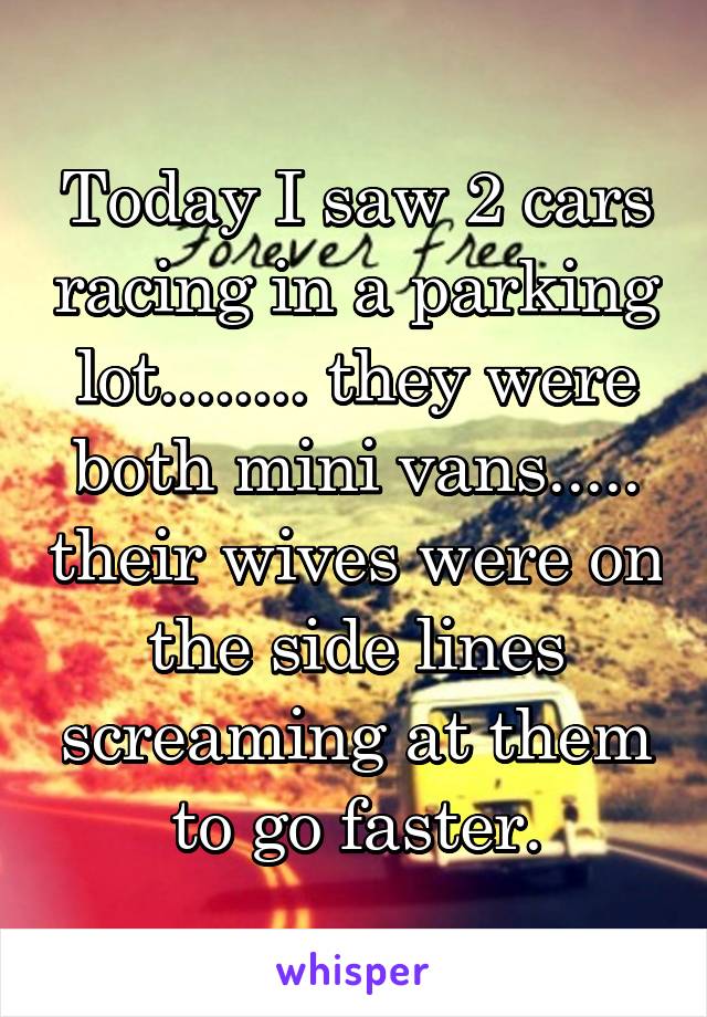 Today I saw 2 cars racing in a parking lot........ they were both mini vans..... their wives were on the side lines screaming at them to go faster.